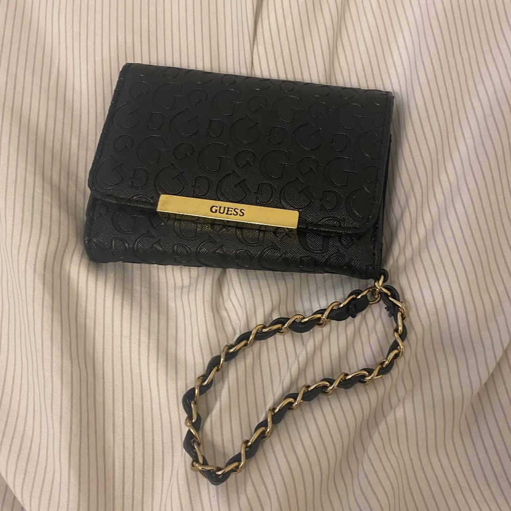 Guess Small Gold and Black Monogram Chain Wallet Purse Faux Leather